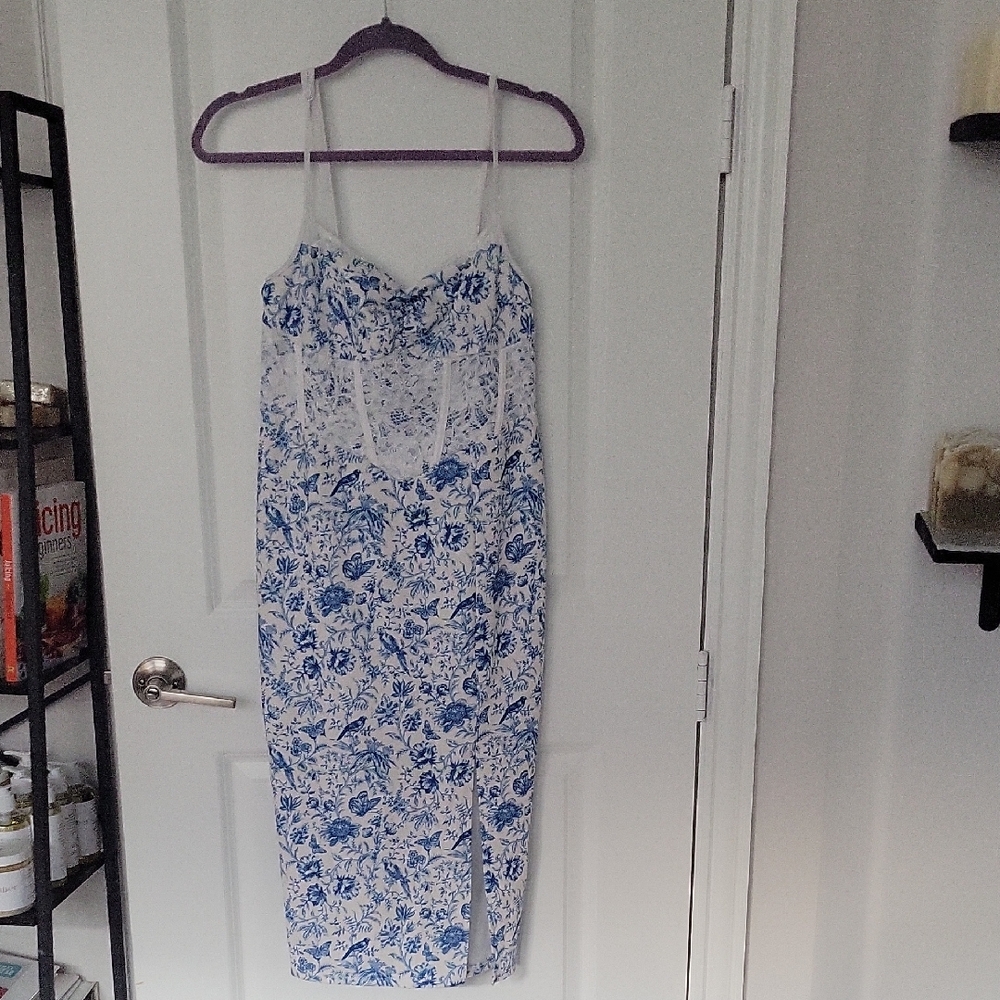 SHEIN Blue and White Floral Midi Dress
